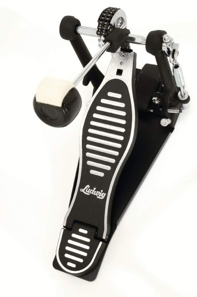 The bass pedal has a heavy stabilising plate and a powerful, direct action